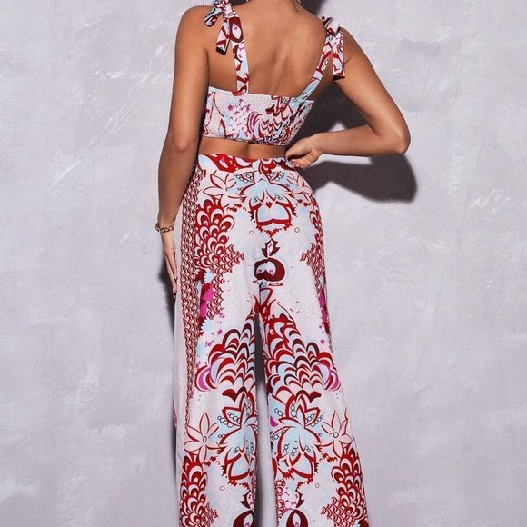 Multicolor Boho Womens Floral Print Tie Shoulder Cami Top & Wide Leg Pants - Picture 2 of 5